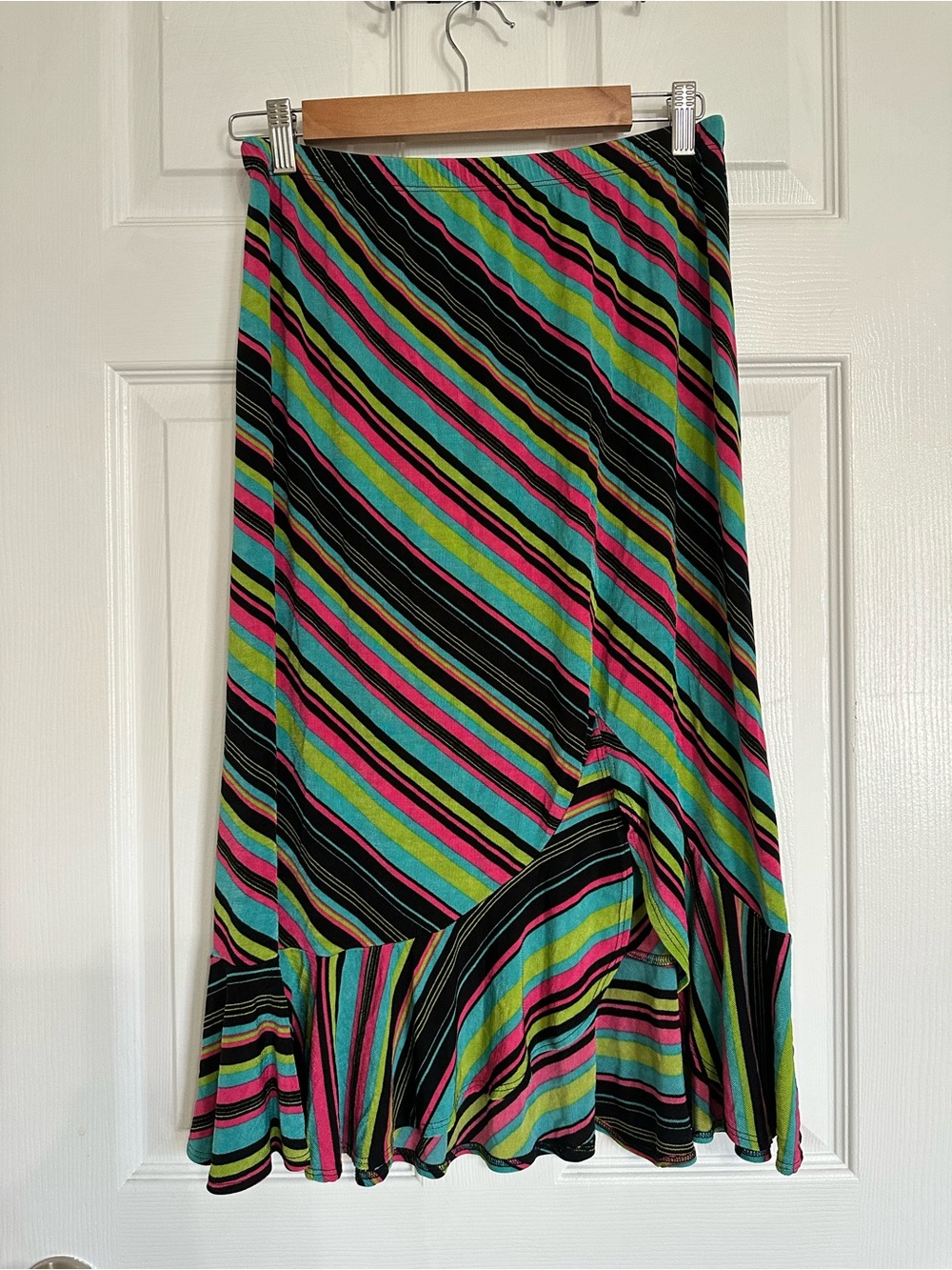 Stretchy Vintage 90’s Striped Maxi Skirt in Black & Pink Like New